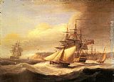 Head Canvas Paintings - Naval ships setting sail with a revenue cutter off Berry Head, Torbay
